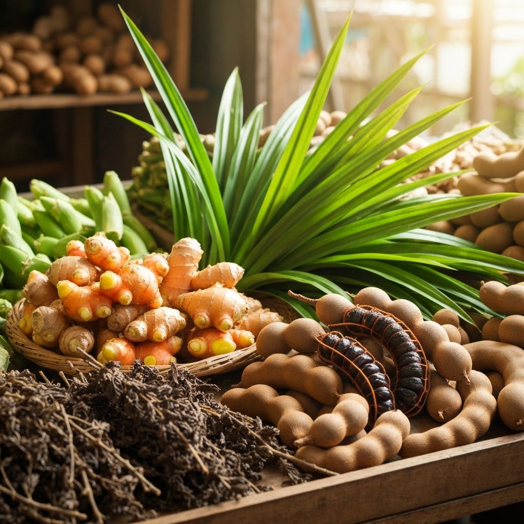 Tropical herbs including ginger, pandan, tamarind, and boswellia