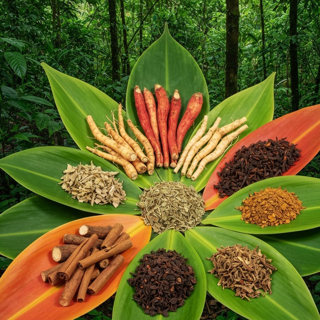 Tropical botanical collection on natural leaves